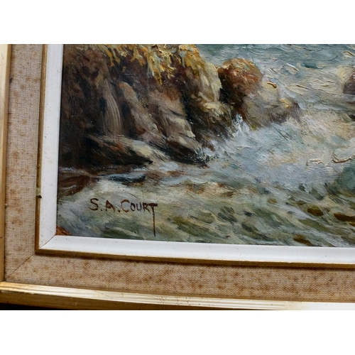 51 - Pictures: to include SA Court - a seascape with crashing waves&nbsp; oil on board&nbsp; bears a sign... 