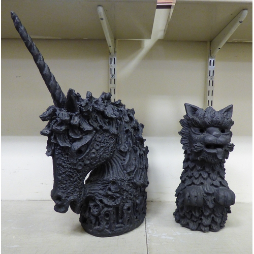 6 - Two pottery sculptures, a bust of a unicorn with a crown around its neck  20