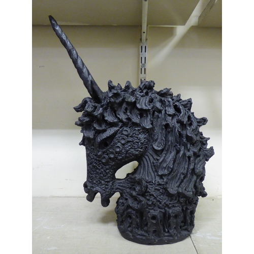 6 - Two pottery sculptures, a bust of a unicorn with a crown around its neck  20