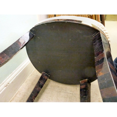 16 - A pair of modern brass inlaid, faux tortoiseshell veneered chairs, the backs of shell design, uphols... 