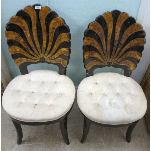 16 - A pair of modern brass inlaid, faux tortoiseshell veneered chairs, the backs of shell design, uphols... 