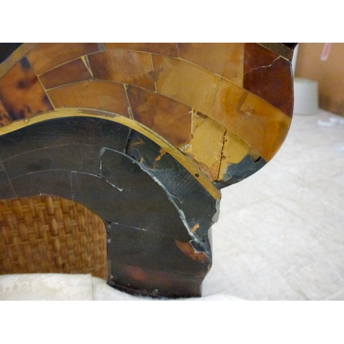 16 - A pair of modern brass inlaid, faux tortoiseshell veneered chairs, the backs of shell design, uphols... 