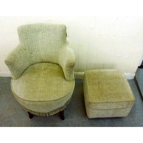 47 - A modern bedroom chair and matching stool, upholstered in beige fabric, raised on splayed legs