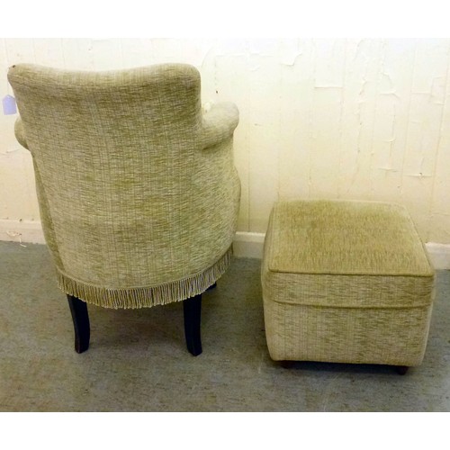 47 - A modern bedroom chair and matching stool, upholstered in beige fabric, raised on splayed legs