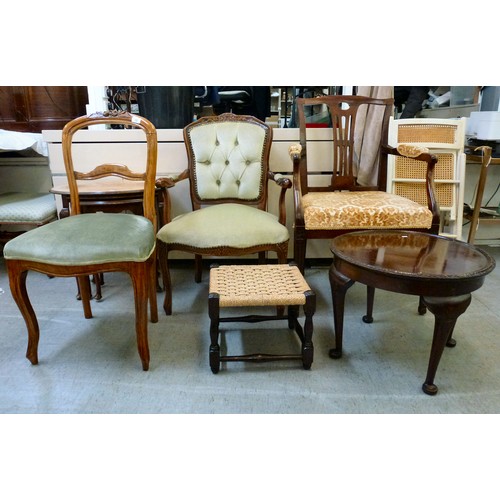 52 - Small furniture: to include a late Victorian stained beech framed, balloon back bedroom chair, raise... 