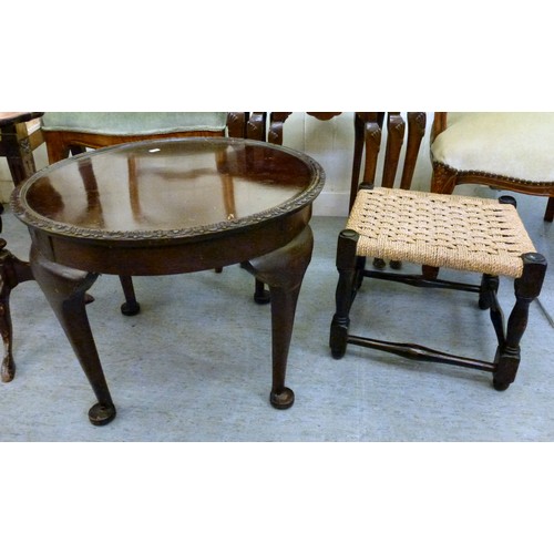 52 - Small furniture: to include a late Victorian stained beech framed, balloon back bedroom chair, raise... 