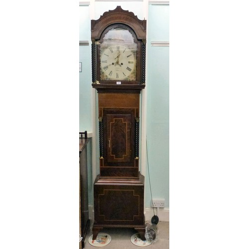 57 - An early 19thC satinwood inlaid mahogany longcase clock; the 8 day movement faced by a painted Roman... 