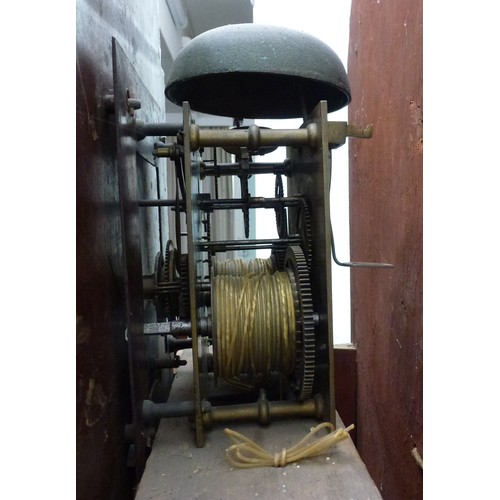 57 - An early 19thC satinwood inlaid mahogany longcase clock; the 8 day movement faced by a painted Roman... 