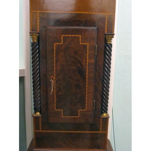 57 - An early 19thC satinwood inlaid mahogany longcase clock; the 8 day movement faced by a painted Roman... 