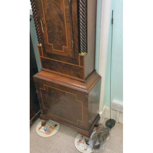 57 - An early 19thC satinwood inlaid mahogany longcase clock; the 8 day movement faced by a painted Roman... 