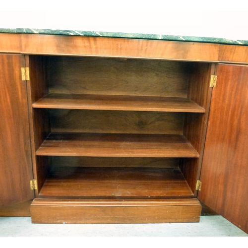 107 - A modern Reprodux mahogany breakfront chiffonier, the marble top over four doors, raised on a plinth... 