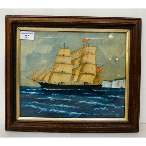 27 - A late 19thC study, a ship off the south coast of England  watercolour  9
