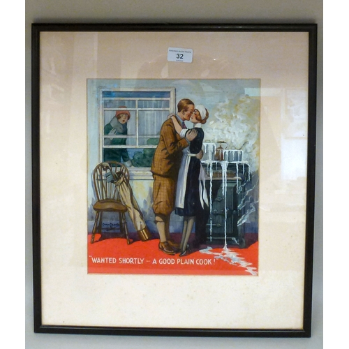 32 - Stan Terry - 'Wanted Shortly - a Good Plain Cook' a couple embracing in a kitchen  watercolour  bear... 