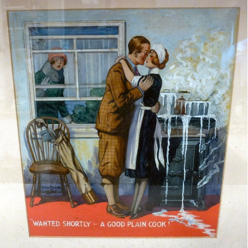 32 - Stan Terry - 'Wanted Shortly - a Good Plain Cook' a couple embracing in a kitchen  watercolour  bear... 