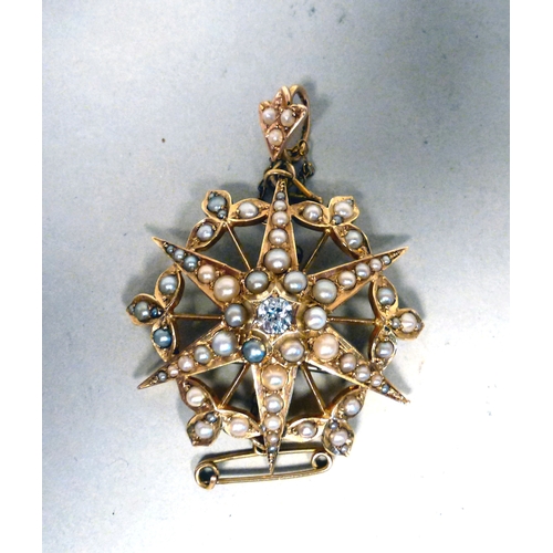44 - A late Victorian 15ct gold pearl and diamond set, star design brooch&nbsp; (approx. 12.6grms)