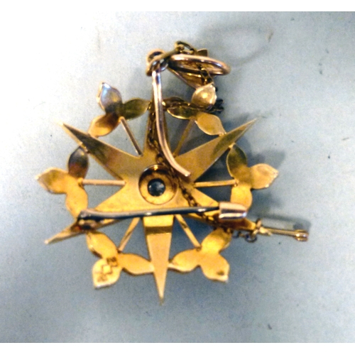 44 - A late Victorian 15ct gold pearl and diamond set, star design brooch&nbsp; (approx. 12.6grms)