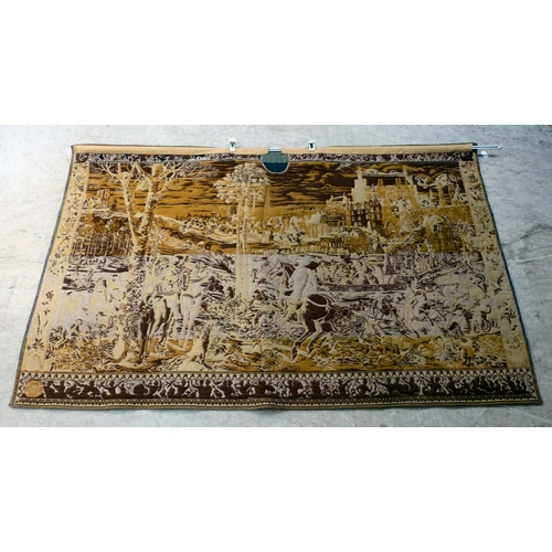 57 - A 20thC Flemish inspired tapestry hanging, depicting an inner city landscape from a woodland hillsid... 