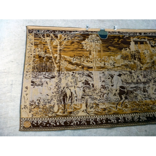 57 - A 20thC Flemish inspired tapestry hanging, depicting an inner city landscape from a woodland hillsid... 