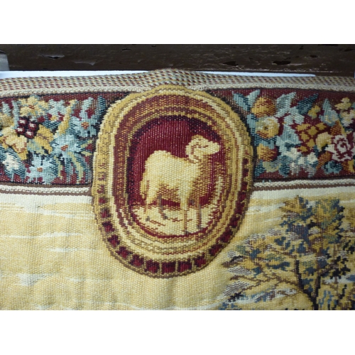 57 - A 20thC Flemish inspired tapestry hanging, depicting an inner city landscape from a woodland hillsid... 