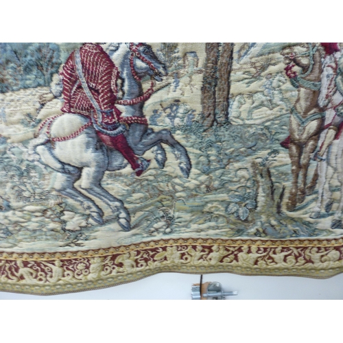 57 - A 20thC Flemish inspired tapestry hanging, depicting an inner city landscape from a woodland hillsid... 