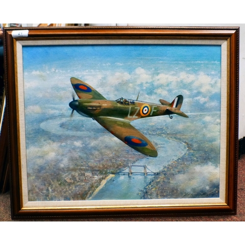 21 - John Young - 'Battle of Britain Spitfire over London'&nbsp; oil on board&nbsp; bears a signature&nbs... 