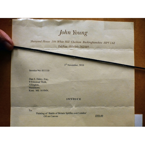 21 - John Young - 'Battle of Britain Spitfire over London'&nbsp; oil on board&nbsp; bears a signature&nbs... 