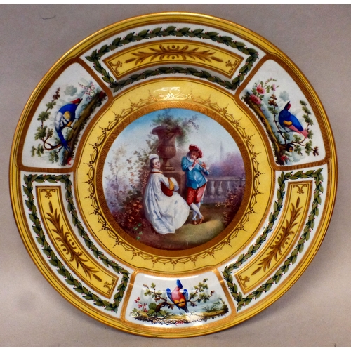 3 - A late 18thC Sevres soft paste porcelain plate, decorated with gilded and yellow banding and exotic ... 
