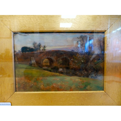 32 - David Murray - a bridge over a river&nbsp; oil on board&nbsp; bears a signature (bottom left) and te... 