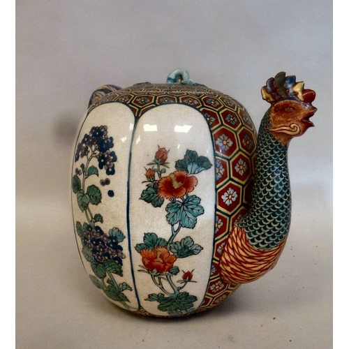 38 - An early 20thC Japanese satsuma porcelain teapot, the handle and spout fashioned as a cockerel