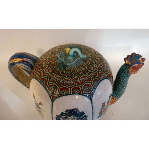 38 - An early 20thC Japanese satsuma porcelain teapot, the handle and spout fashioned as a cockerel