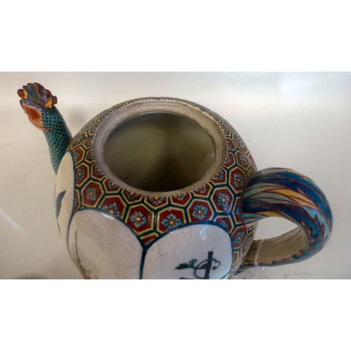 38 - An early 20thC Japanese satsuma porcelain teapot, the handle and spout fashioned as a cockerel