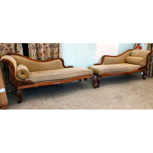 5 - A pair of mid Victorian mahogany showwood framed chaise longue, upholstered in oatmeal coloured fabr... 