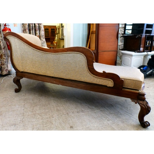 5 - A pair of mid Victorian mahogany showwood framed chaise longue, upholstered in oatmeal coloured fabr... 