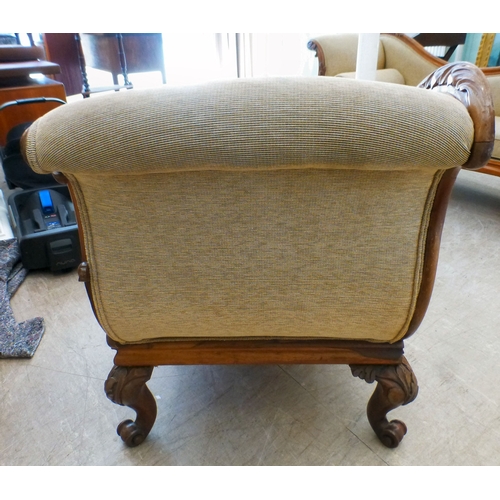 5 - A pair of mid Victorian mahogany showwood framed chaise longue, upholstered in oatmeal coloured fabr... 