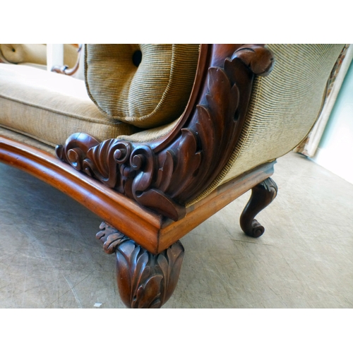 5 - A pair of mid Victorian mahogany showwood framed chaise longue, upholstered in oatmeal coloured fabr... 