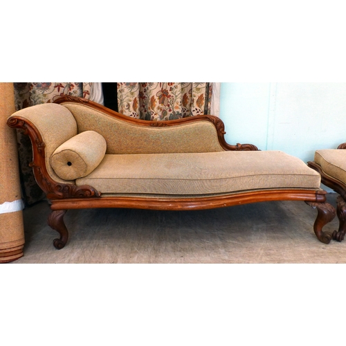 5 - A pair of mid Victorian mahogany showwood framed chaise longue, upholstered in oatmeal coloured fabr... 