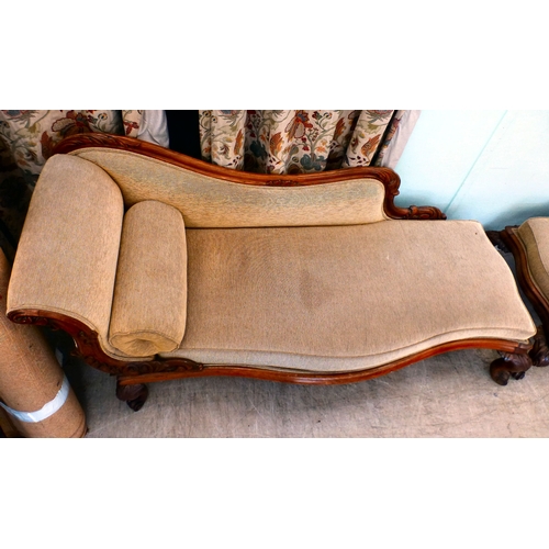5 - A pair of mid Victorian mahogany showwood framed chaise longue, upholstered in oatmeal coloured fabr... 