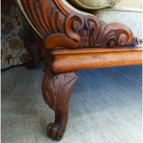 5 - A pair of mid Victorian mahogany showwood framed chaise longue, upholstered in oatmeal coloured fabr... 