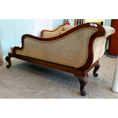 5 - A pair of mid Victorian mahogany showwood framed chaise longue, upholstered in oatmeal coloured fabr... 