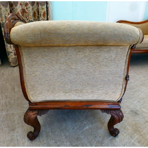 5 - A pair of mid Victorian mahogany showwood framed chaise longue, upholstered in oatmeal coloured fabr... 