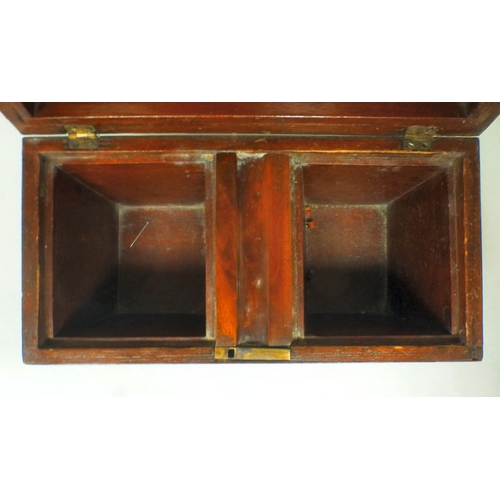 6 - A late Regency mahogany tea caddy of sarcophagus form, the hinged lid enclosing two lidded compartme... 