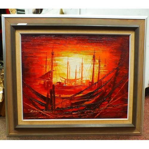 9 - Ronald Hansen - moored boats at sunset&nbsp; oil on canvas&nbsp; bears a signature&nbsp; 15