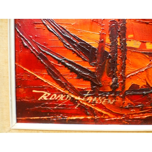 9 - Ronald Hansen - moored boats at sunset&nbsp; oil on canvas&nbsp; bears a signature&nbsp; 15