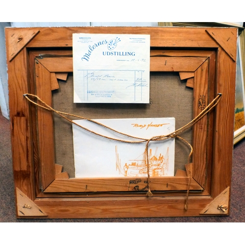 9 - Ronald Hansen - moored boats at sunset&nbsp; oil on canvas&nbsp; bears a signature&nbsp; 15