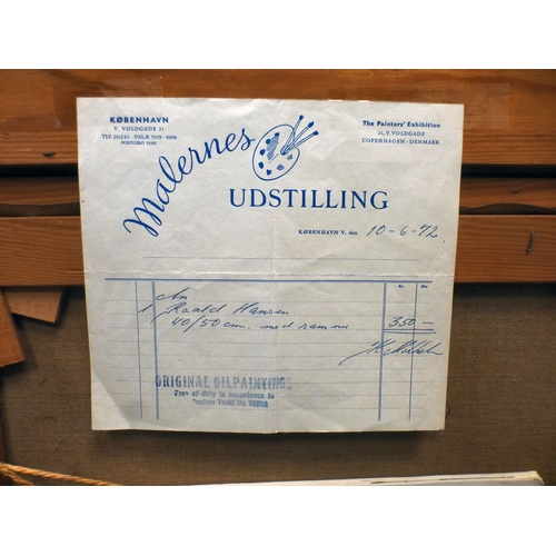 9 - Ronald Hansen - moored boats at sunset&nbsp; oil on canvas&nbsp; bears a signature&nbsp; 15