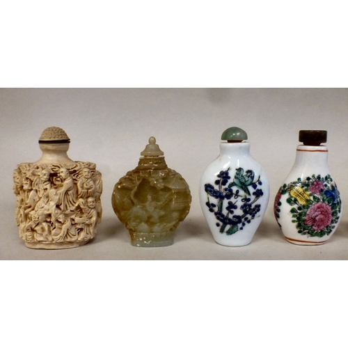 18 - Eight Chinese porcelain resin snuff bottles with various decoration