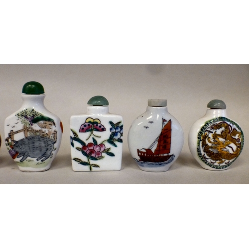 18 - Eight Chinese porcelain resin snuff bottles with various decoration