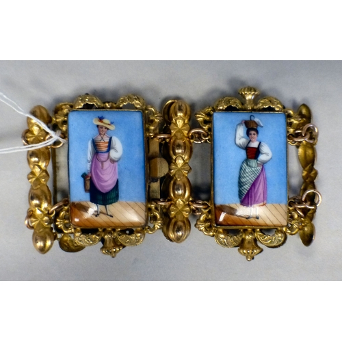 37 - A late 19thC gilt metal framed bracelet, set with four painted porcelain plaques, depicting portrait... 