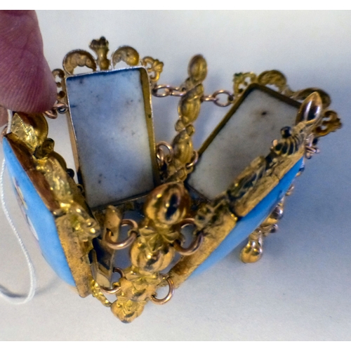 37 - A late 19thC gilt metal framed bracelet, set with four painted porcelain plaques, depicting portrait... 