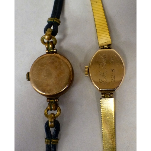 40 - Two ladies 9ct gold cased wristwatches, one on a metal strap, the other leather&nbsp;